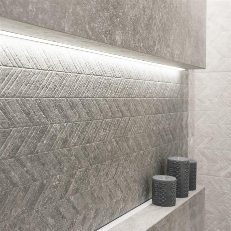 Wandtegel keramisch zandsteen grey décor visgraat reliëf 40x120